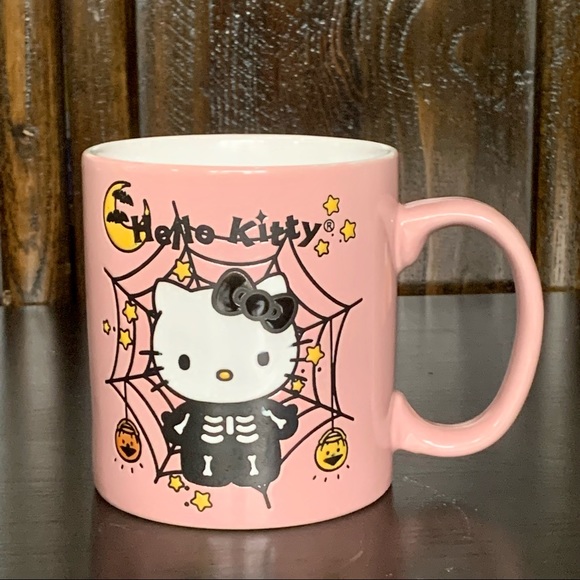 Hello Kitty Pink Halloween Mug - Skeleton Spider Web Bats Stars Pumpkins - Picture 1 of 11